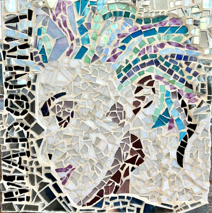 mosaic portrait using shades of blue and purple of Madonna
